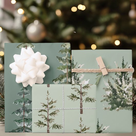 Watercolor Pines on Sage | Scandinavian Holiday ラッピングペーパーシート
