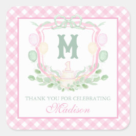 Watercolor Pink 1st Birthday Monogram Crest Gift スクエアシール