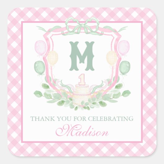 Watercolor Pink 1st Birthday Monogram Crest Gift スクエアシール (正面)