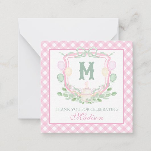 Watercolor Pink 1st Birthday Monogram Crest Party ノートカード (正面)