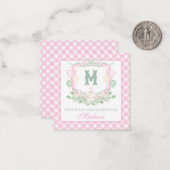 Watercolor Pink 1st Birthday Monogram Crest Party ノートカード (正面/裏面インサイチュ)