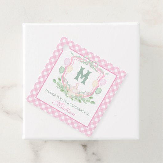 Watercolor Pink 1st Birthday Monogram Crest Party フェイバータグ (インサイチュ)