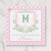 Watercolor Pink 1st Birthday Monogram Crest Party フェイバータグ (正面)