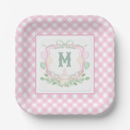 Watercolor Pink 1st Birthday Monogram Crest Party ペーパープレート