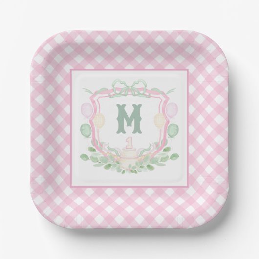 Watercolor Pink 1st Birthday Monogram Crest Party ペーパープレート (正面)