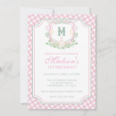 Watercolor Pink 1st Birthday Monogram Crest Party 招待状 (正面)