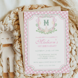 Watercolor Pink 1st Birthday Monogram Crest Party 招待状