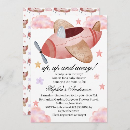 Watercolor Pink Airplane Baby Shower Invitation 招待状 (正面/裏面)