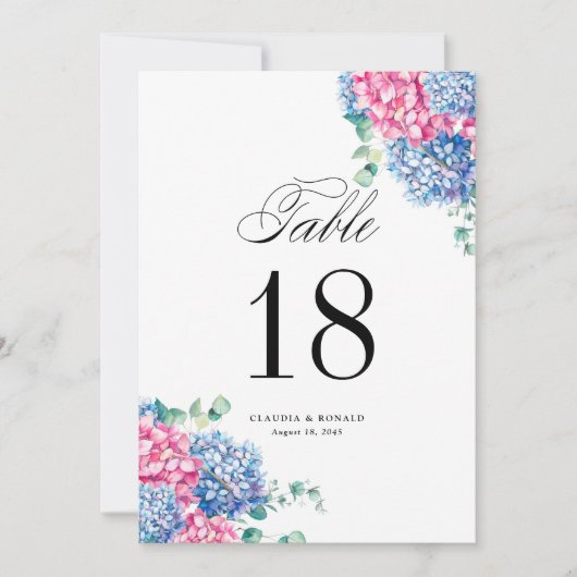 Watercolor Pink and Blue Hydrangeas Table Numbers (正面)
