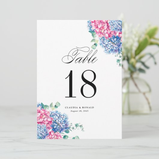 Watercolor Pink and Blue Hydrangeas Table Numbers (スタンド正面)