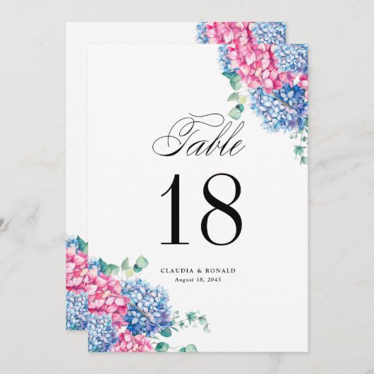 Watercolor Pink and Blue Hydrangeas Table Numbers (正面/裏面)
