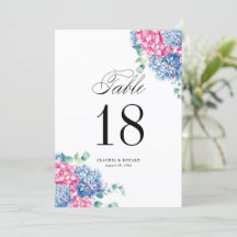 Watercolor Pink and Blue Hydrangeas Table Numbers