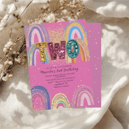  Watercolor pink and gold stars  BirthdaInvitation 招待状