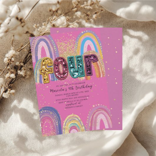  Watercolor pink and gold stars  BirthdaInvitation 招待状