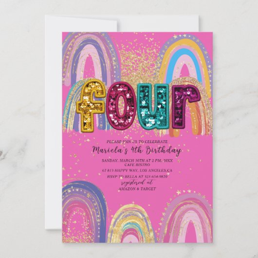  Watercolor pink and gold stars  BirthdaInvitation 招待状 (正面)