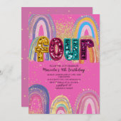  Watercolor pink and gold stars  BirthdaInvitation 招待状 (正面/裏面)