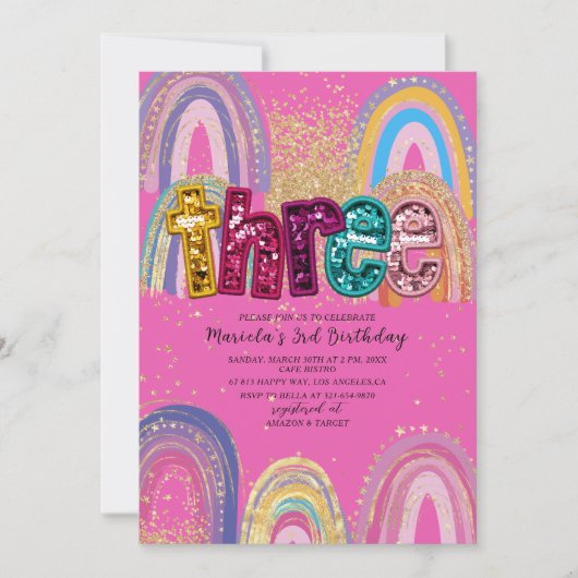  Watercolor pink and gold stars  BirthdaInvitation 招待状 (正面)