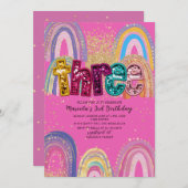  Watercolor pink and gold stars  BirthdaInvitation 招待状 (正面/裏面)