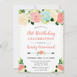 Watercolor Pink and Mint Flowers 21st Birthday 招待状