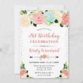 Watercolor Pink and Mint Flowers 21st Birthday 招待状 (正面)