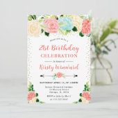 Watercolor Pink and Mint Flowers 21st Birthday 招待状 (スタンド正面)