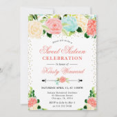 Watercolor Pink and Mint Flowers Photo Sweet 16 招待状 (正面)