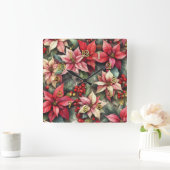 Watercolor Pink and Red Poinsettia スクエア壁時計 (ホーム)