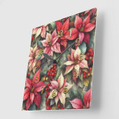 Watercolor Pink and Red Poinsettia スクエア壁時計 (傾斜)