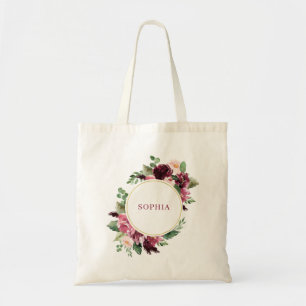 Watercolor Pink and Wine Colored Flowers with Gold トートバッグ