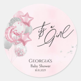 Watercolor Pink Balloons Its A Girl Baby Shower ラウンドシール