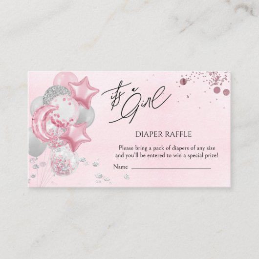 Watercolor Pink Balloons Its A Girl Diaper Raffle エンクロージャーカード (正面)