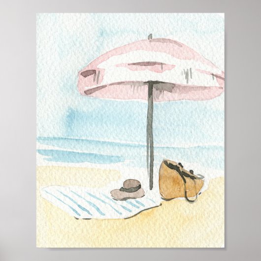 Watercolor Pink Beach Umbrella Coastal ポスター (正面)