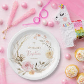  watercolor pink beige flowers Baptism ペーパープレート (パーティー)