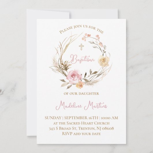  watercolor pink beige flowers Baptism 招待状 (裏面)