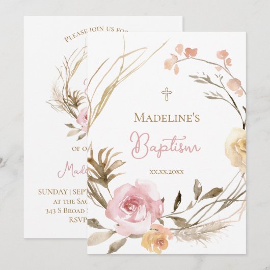  watercolor pink beige flowers Baptism 招待状 (正面/裏面)