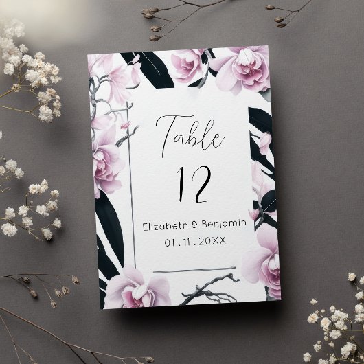 Watercolor pink black orchid flowers Table Numbers 招待状