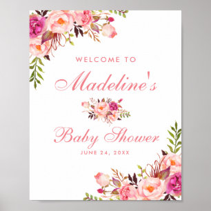 Watercolor Pink Blush Floral Baby Shower Welcome ポスター