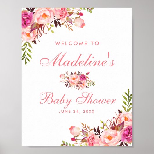 Watercolor Pink Blush Floral Baby Shower Welcome ポスター (正面)