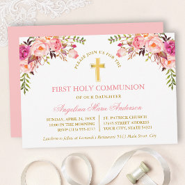 Watercolor Pink Blush Floral Gold Communion 招待状