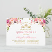 Watercolor Pink Blush Floral Gold Quinceanera 招待状 (スタンド正面)