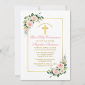 Watercolor Pink Blush White Floral Gold Communion 招待状 (正面)