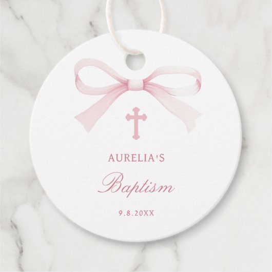 Watercolor Pink Bow Baptism フェイバータグ (正面)