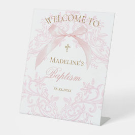  watercolor pink bow Baptism 台座サイン
