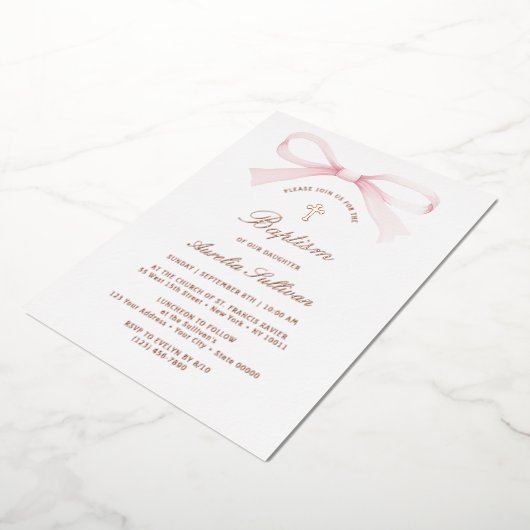 Watercolor Pink Bow Baptism 箔招待状 (回転した状態)
