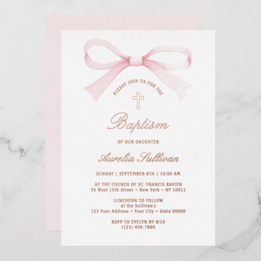 Watercolor Pink Bow Baptism 箔招待状 (正面/裏面)