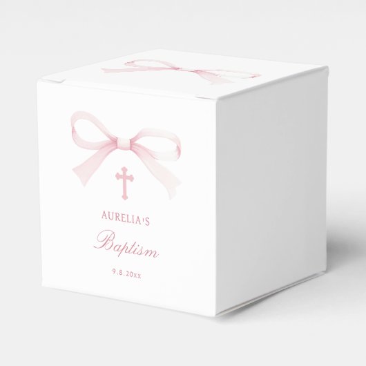 Watercolor Pink Bow Baptism Cube フェイバーボックス (正面サイド)