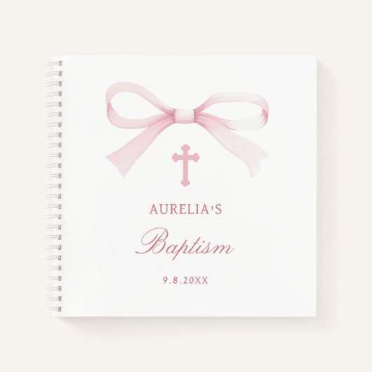 Watercolor Pink Bow Baptism Guest Book ノートブック (正面)