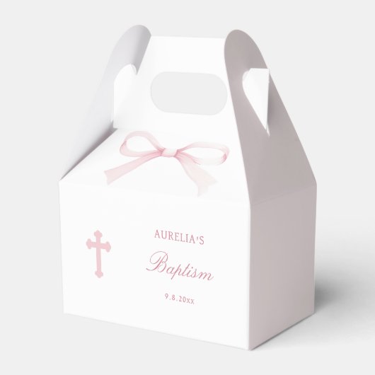 Watercolor Pink Bow Baptism Small Gable フェイバーボックス (正面サイド)