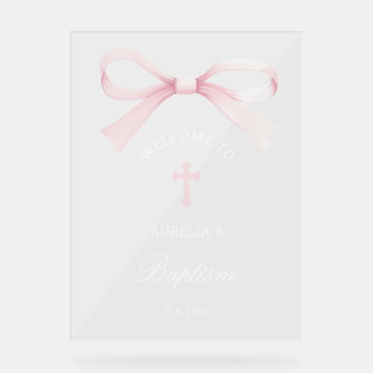 Watercolor Pink Bow Baptism Welcome アクリルサイン (正面)