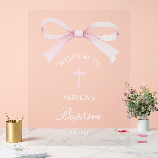 Watercolor Pink Bow Baptism Welcome アクリルサイン (ウェディング)